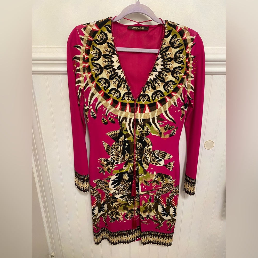 Roberto Cavalli Fuchsia and Black Patterned Long Sleeve Dress